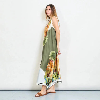 Michela Mii Scenic Painting Sleeveless Long Dress With Abstract Landscape Print - Dark Olive - Pinkhill -  - [] - Darwin boutique - Australian fashion design - Darwin Fashion - Australian Fashion Designer - Australian Fashion Designer Brands - Australian Fashion Design 