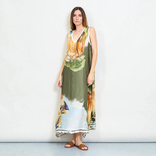 Michela Mii Scenic Painting Sleeveless Long Dress With Abstract Landscape Print - Dark Olive - Pinkhill -  - [] - Darwin boutique - Australian fashion design - Darwin Fashion - Australian Fashion Designer - Australian Fashion Designer Brands - Australian Fashion Design 
