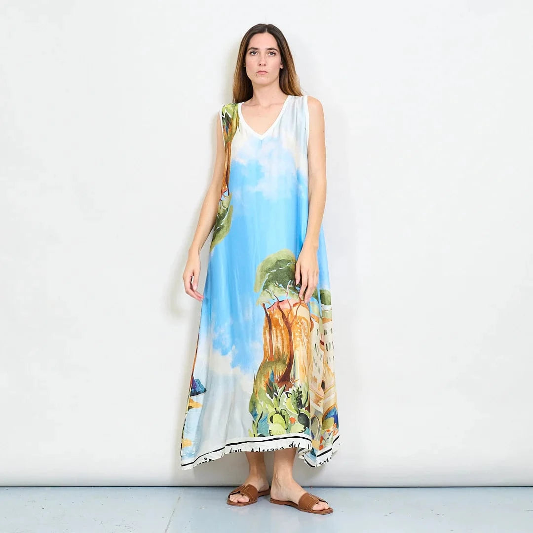 Michela Mii Scenic Painting Sleeveless Long Dress With Abstract Landscape Print - Light Blue - Pinkhill -  - [] - Darwin boutique - Australian fashion design - Darwin Fashion - Australian Fashion Designer - Australian Fashion Designer Brands - Australian Fashion Design 