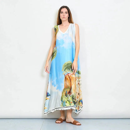 Michela Mii Scenic Painting Sleeveless Long Dress With Abstract Landscape Print - Light Blue - Pinkhill -  - [] - Darwin boutique - Australian fashion design - Darwin Fashion - Australian Fashion Designer - Australian Fashion Designer Brands - Australian Fashion Design 