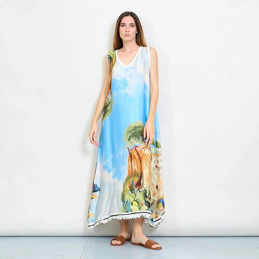 Michela Mii Scenic Painting Sleeveless Long Dress With Abstract Landscape Print - Light Blue - Pinkhill -  - [] - Darwin boutique - Australian fashion design - Darwin Fashion - Australian Fashion Designer - Australian Fashion Designer Brands - Australian Fashion Design 