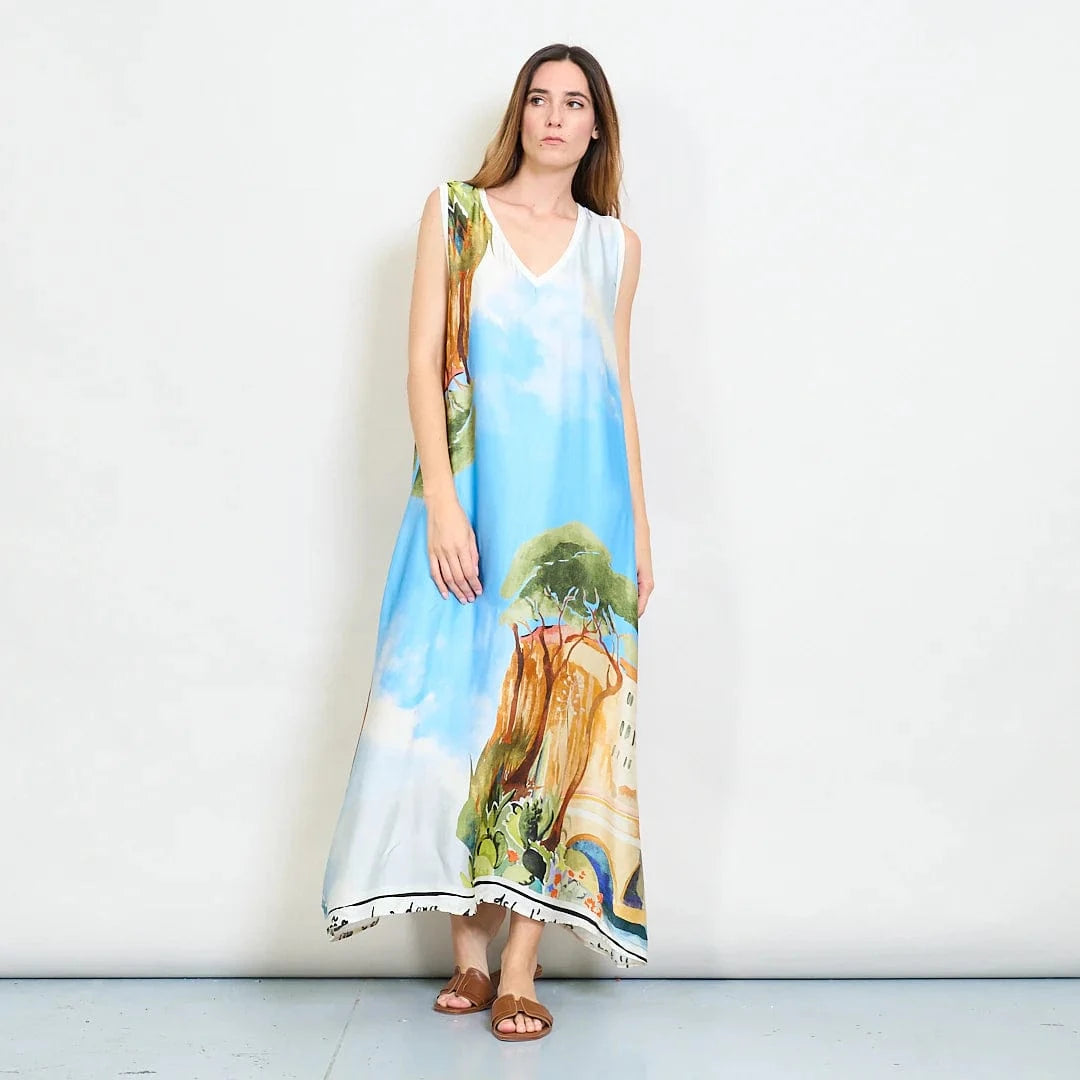 Michela Mii Scenic Painting Sleeveless Long Dress With Abstract Landscape Print - Light Blue - Pinkhill -  - [] - Darwin boutique - Australian fashion design - Darwin Fashion - Australian Fashion Designer - Australian Fashion Designer Brands - Australian Fashion Design 