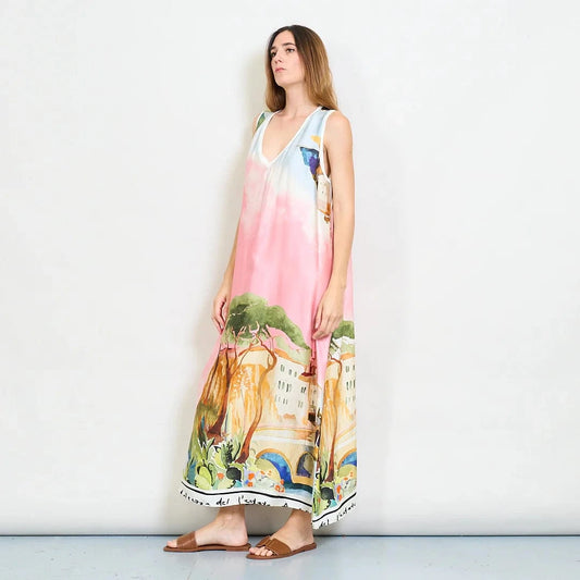 Michela Mii Scenic Painting Sleeveless Long Dress With Abstract Landscape Print - Light Pink - Pinkhill -  - [] - Darwin boutique - Australian fashion design - Darwin Fashion - Australian Fashion Designer - Australian Fashion Designer Brands - Australian Fashion Design 