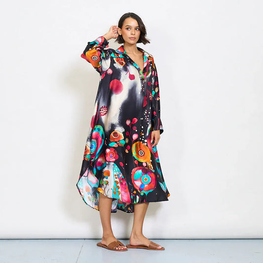 Michella Mii Abstract Floral Watercolor Print Satin Kaftan Dress With Artistic Collar - Black - Pinkhill -  - [] - Darwin boutique - Australian fashion design - Darwin Fashion - Australian Fashion Designer - Australian Fashion Designer Brands - Australian Fashion Design 