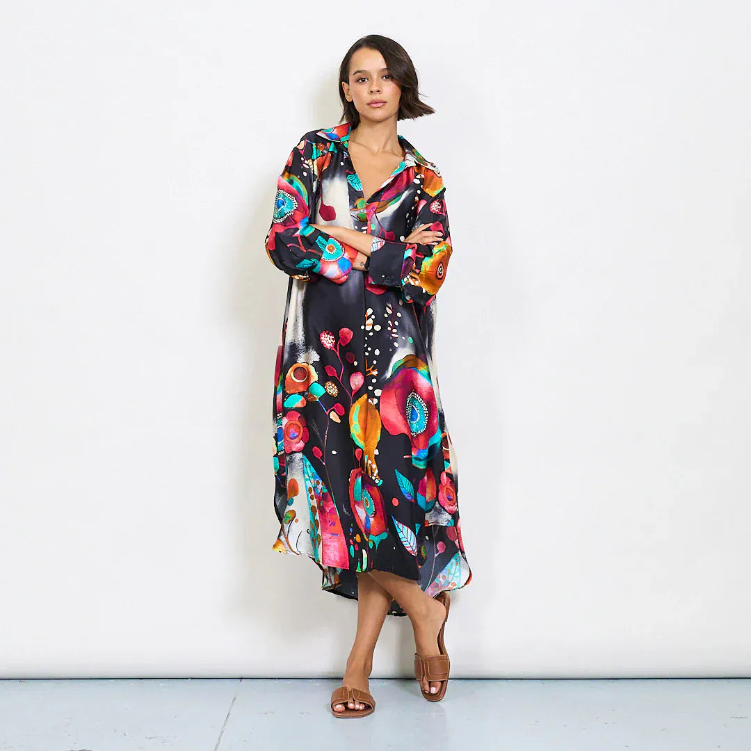 Michella Mii Abstract Floral Watercolor Print Satin Kaftan Dress With Artistic Collar - Black - Pinkhill -  - [] - Darwin boutique - Australian fashion design - Darwin Fashion - Australian Fashion Designer - Australian Fashion Designer Brands - Australian Fashion Design 