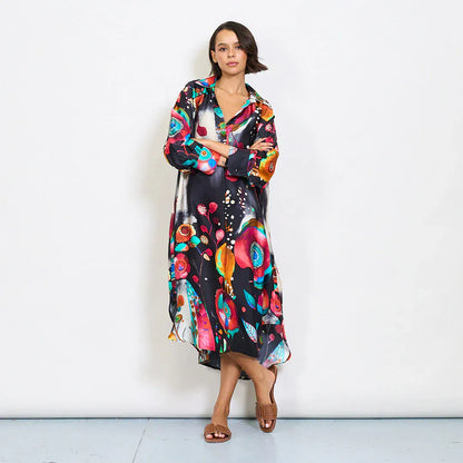 Michella Mii Abstract Floral Watercolor Print Satin Kaftan Dress With Artistic Collar - Black - Pinkhill -  - [] - Darwin boutique - Australian fashion design - Darwin Fashion - Australian Fashion Designer - Australian Fashion Designer Brands - Australian Fashion Design 