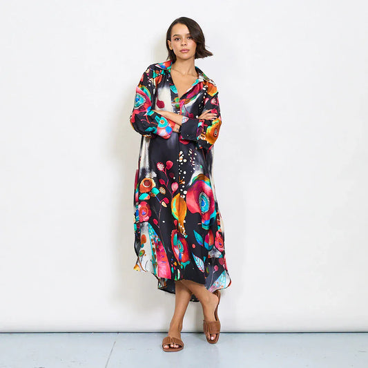 Michella Mii Abstract Floral Watercolor Print Satin Kaftan Dress With Artistic Collar - Black - Pinkhill -  - [] - Darwin boutique - Australian fashion design - Darwin Fashion - Australian Fashion Designer - Australian Fashion Designer Brands - Australian Fashion Design 