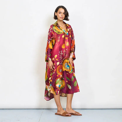 Michella Mii Abstract Floral Watercolor Print Satin Kaftan Dress With Artistic Collar - Magenta - Pinkhill -  - [] - Darwin boutique - Australian fashion design - Darwin Fashion - Australian Fashion Designer - Australian Fashion Designer Brands - Australian Fashion Design 