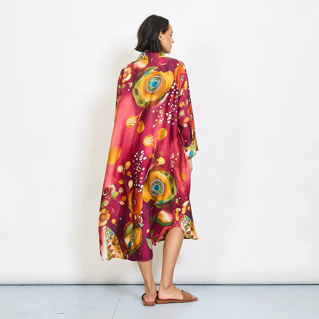 Michella Mii Abstract Floral Watercolor Print Satin Kaftan Dress With Artistic Collar - Magenta - Pinkhill -  - [] - Darwin boutique - Australian fashion design - Darwin Fashion - Australian Fashion Designer - Australian Fashion Designer Brands - Australian Fashion Design 