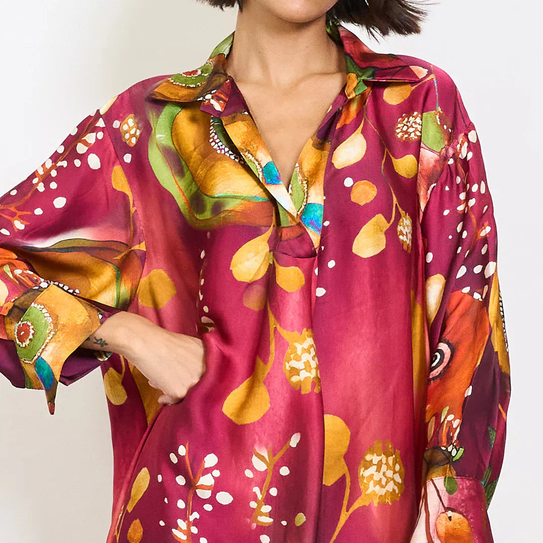 Michella Mii Abstract Floral Watercolor Print Satin Kaftan Dress With Artistic Collar - Magenta - Pinkhill -  - [] - Darwin boutique - Australian fashion design - Darwin Fashion - Australian Fashion Designer - Australian Fashion Designer Brands - Australian Fashion Design 