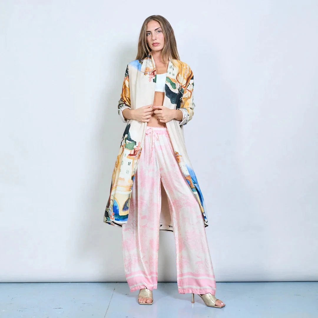 Michella Mii Art Print Open-Front Long Kimono With Rolled Sleeves - Beige - Pinkhill -  - [] - Darwin boutique - Australian fashion design - Darwin Fashion - Australian Fashion Designer - Australian Fashion Designer Brands - Australian Fashion Design 