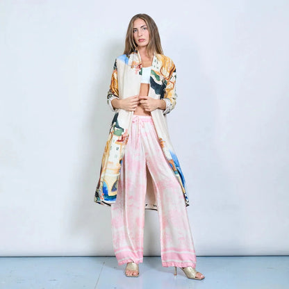Michella Mii Art Print Open-Front Long Kimono With Rolled Sleeves - Beige - Pinkhill -  - [] - Darwin boutique - Australian fashion design - Darwin Fashion - Australian Fashion Designer - Australian Fashion Designer Brands - Australian Fashion Design 