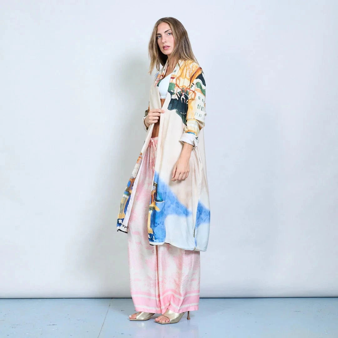 Michella Mii Art Print Open-Front Long Kimono With Rolled Sleeves - Beige - Pinkhill -  - [] - Darwin boutique - Australian fashion design - Darwin Fashion - Australian Fashion Designer - Australian Fashion Designer Brands - Australian Fashion Design 