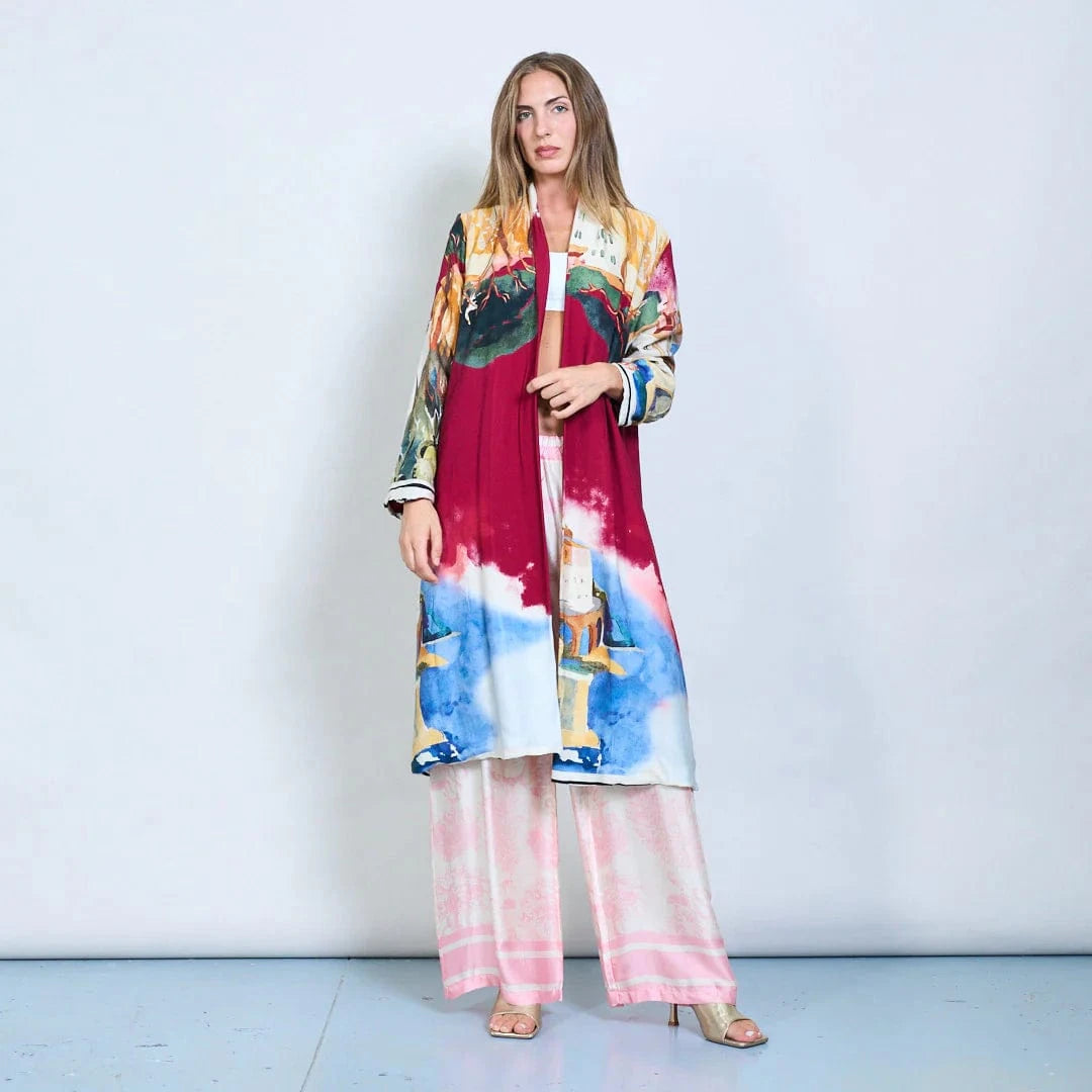 Michella Mii Art Print Open-Front Long Kimono With Rolled Sleeves - Red - Pinkhill -  - [] - Darwin boutique - Australian fashion design - Darwin Fashion - Australian Fashion Designer - Australian Fashion Designer Brands - Australian Fashion Design 