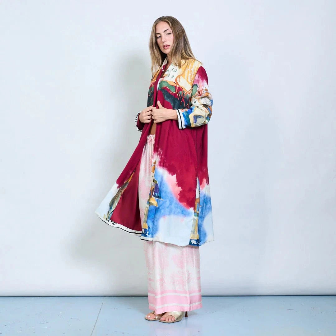 Michella Mii Art Print Open-Front Long Kimono With Rolled Sleeves - Red - Pinkhill -  - [] - Darwin boutique - Australian fashion design - Darwin Fashion - Australian Fashion Designer - Australian Fashion Designer Brands - Australian Fashion Design 
