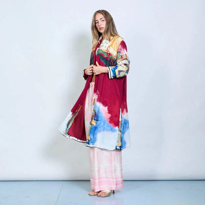 Michella Mii Art Print Open-Front Long Kimono With Rolled Sleeves - Red - Pinkhill -  - [] - Darwin boutique - Australian fashion design - Darwin Fashion - Australian Fashion Designer - Australian Fashion Designer Brands - Australian Fashion Design 