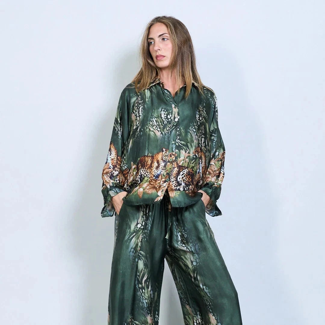Michella Mii Satin Button-Down Shirt With Jungle Leopard Print - Dark Olive - Pinkhill -  - [] - Darwin boutique - Australian fashion design - Darwin Fashion - Australian Fashion Designer - Australian Fashion Designer Brands - Australian Fashion Design 