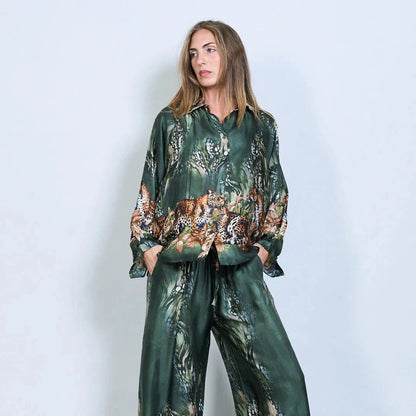 Michella Mii Satin Button-Down Shirt With Jungle Leopard Print - Dark Olive - Pinkhill -  - [] - Darwin boutique - Australian fashion design - Darwin Fashion - Australian Fashion Designer - Australian Fashion Designer Brands - Australian Fashion Design 