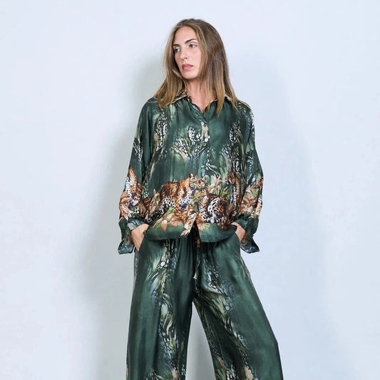 Michella Mii Satin Button-Down Shirt With Jungle Leopard Print - Dark Olive - Pinkhill -  - [] - Darwin boutique - Australian fashion design - Darwin Fashion - Australian Fashion Designer - Australian Fashion Designer Brands - Australian Fashion Design 