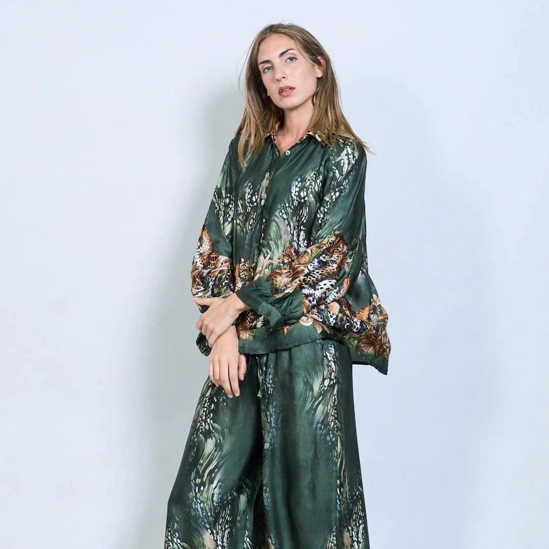 Michella Mii Satin Button-Down Shirt With Jungle Leopard Print - Dark Olive - Pinkhill -  - [] - Darwin boutique - Australian fashion design - Darwin Fashion - Australian Fashion Designer - Australian Fashion Designer Brands - Australian Fashion Design 