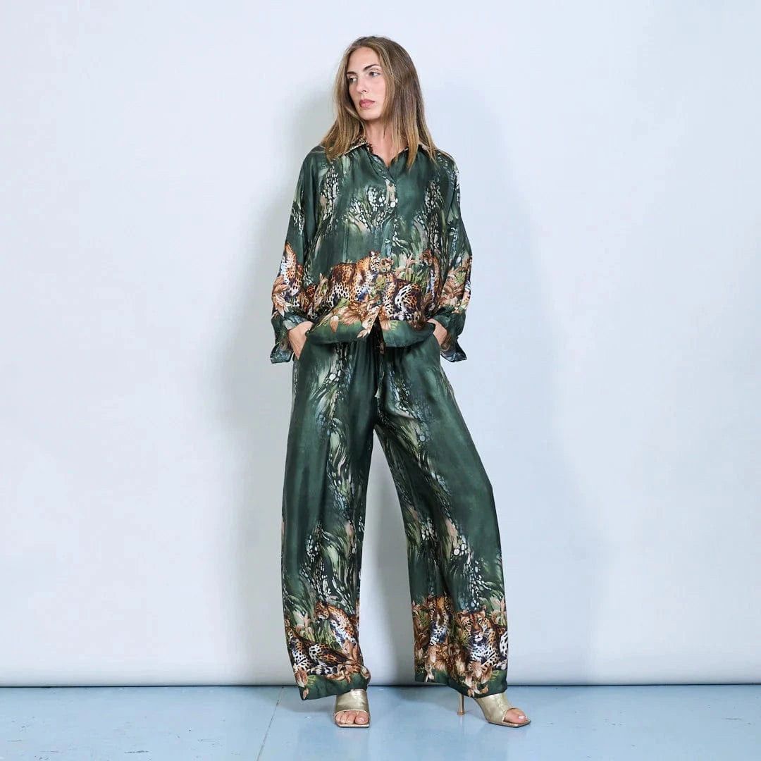 Michella Mii Satin Button-Down Shirt With Jungle Leopard Print - Dark Olive - Pinkhill -  - [] - Darwin boutique - Australian fashion design - Darwin Fashion - Australian Fashion Designer - Australian Fashion Designer Brands - Australian Fashion Design 
