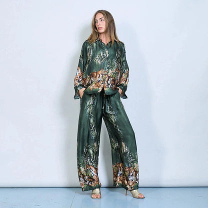 Michella Mii Satin Button-Down Shirt With Jungle Leopard Print - Dark Olive - Pinkhill -  - [] - Darwin boutique - Australian fashion design - Darwin Fashion - Australian Fashion Designer - Australian Fashion Designer Brands - Australian Fashion Design 