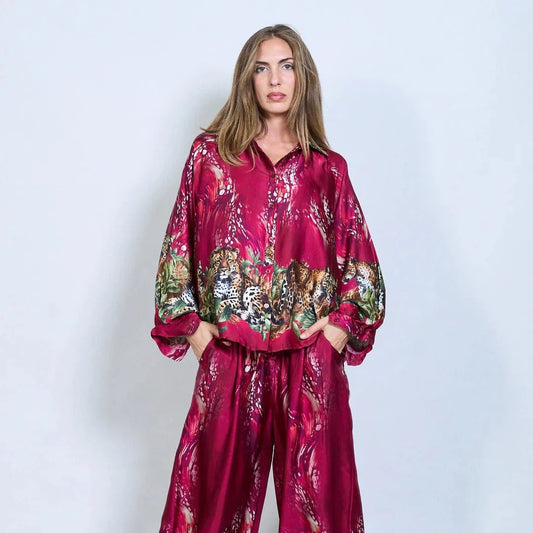 Michella Mii Satin Button-Down Shirt With Jungle Leopard Print - Red - Pinkhill -  - [] - Darwin boutique - Australian fashion design - Darwin Fashion - Australian Fashion Designer - Australian Fashion Designer Brands - Australian Fashion Design 