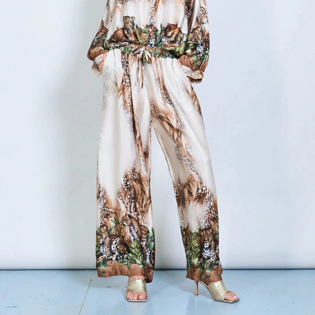 Michella Mii Wide Leg Satin Trousers With Jungle Leopard - Beige - Pinkhill -  - [] - Darwin boutique - Australian fashion design - Darwin Fashion - Australian Fashion Designer - Australian Fashion Designer Brands - Australian Fashion Design 