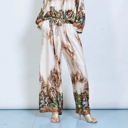 Michella Mii Wide Leg Satin Trousers With Jungle Leopard - Beige - Pinkhill -  - [] - Darwin boutique - Australian fashion design - Darwin Fashion - Australian Fashion Designer - Australian Fashion Designer Brands - Australian Fashion Design 