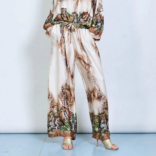 Michella Mii Wide Leg Satin Trousers With Jungle Leopard - Beige - Pinkhill -  - [] - Darwin boutique - Australian fashion design - Darwin Fashion - Australian Fashion Designer - Australian Fashion Designer Brands - Australian Fashion Design 