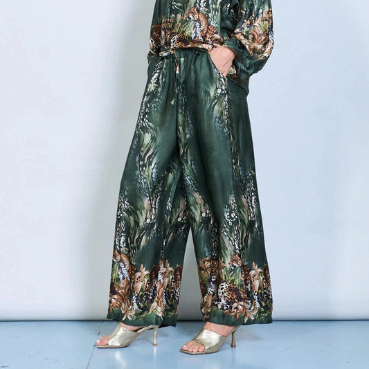 Michella Mii Wide Leg Satin Trousers With Jungle Leopard - Dark Olive - Pinkhill -  - [] - Darwin boutique - Australian fashion design - Darwin Fashion - Australian Fashion Designer - Australian Fashion Designer Brands - Australian Fashion Design 