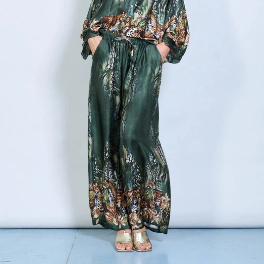 Michella Mii Wide Leg Satin Trousers With Jungle Leopard - Dark Olive - Pinkhill -  - [] - Darwin boutique - Australian fashion design - Darwin Fashion - Australian Fashion Designer - Australian Fashion Designer Brands - Australian Fashion Design 