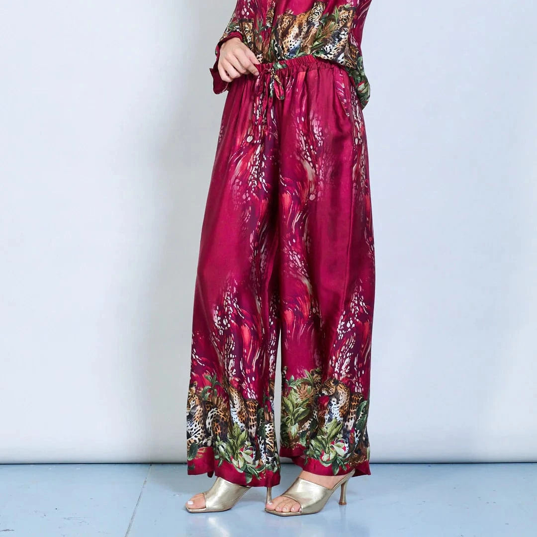 Michella Mii Wide Leg Satin Trousers With Jungle Leopard - Red - Pinkhill -  - [] - Darwin boutique - Australian fashion design - Darwin Fashion - Australian Fashion Designer - Australian Fashion Designer Brands - Australian Fashion Design 