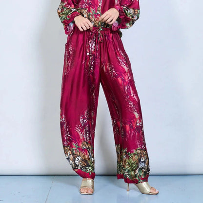 Michella Mii Wide Leg Satin Trousers With Jungle Leopard - Red - Pinkhill -  - [] - Darwin boutique - Australian fashion design - Darwin Fashion - Australian Fashion Designer - Australian Fashion Designer Brands - Australian Fashion Design 
