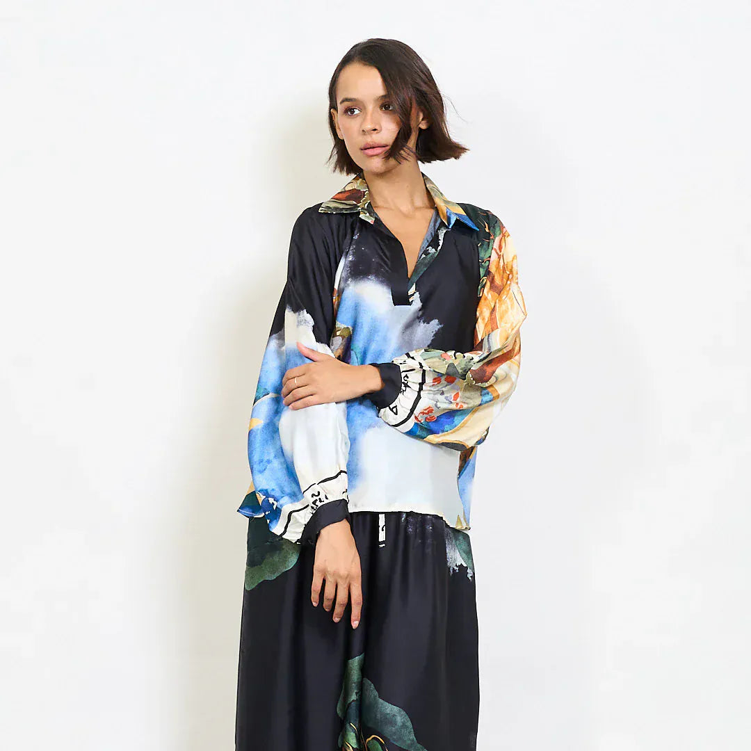 Watercolor landscape print satin shirt with contrast abstract collar - Black - Pinkhill -  - [] - Darwin boutique - Australian fashion design - Darwin Fashion - Australian Fashion Designer - Australian Fashion Designer Brands - Australian Fashion Design 