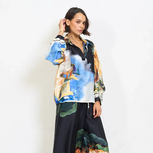 Watercolor landscape print satin shirt with contrast abstract collar - Black - Pinkhill -  - [] - Darwin boutique - Australian fashion design - Darwin Fashion - Australian Fashion Designer - Australian Fashion Designer Brands - Australian Fashion Design 