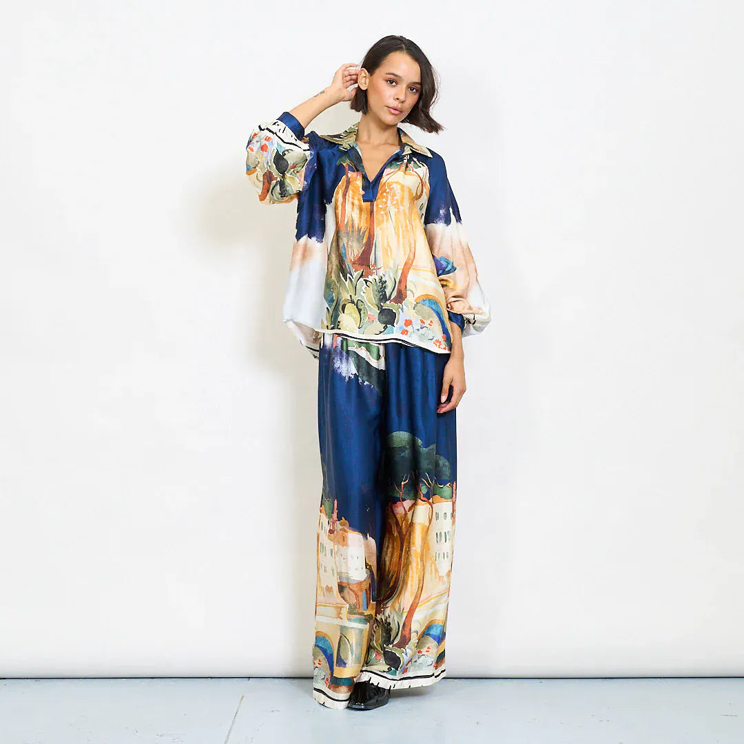 Watercolor landscape print satin shirt with contrast abstract collar - Dark Blue - Pinkhill -  - [] - Darwin boutique - Australian fashion design - Darwin Fashion - Australian Fashion Designer - Australian Fashion Designer Brands - Australian Fashion Design 
