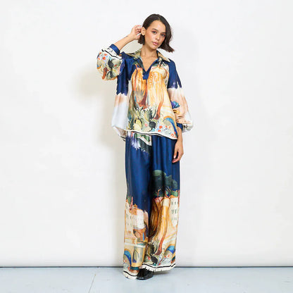 Watercolor landscape print satin shirt with contrast abstract collar - Dark Blue - Pinkhill -  - [] - Darwin boutique - Australian fashion design - Darwin Fashion - Australian Fashion Designer - Australian Fashion Designer Brands - Australian Fashion Design 