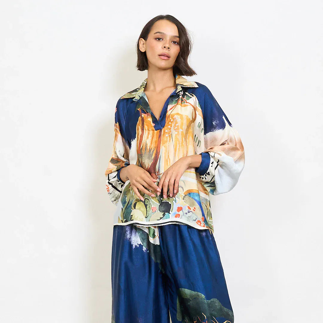 Watercolor landscape print satin shirt with contrast abstract collar - Dark Blue - Pinkhill -  - [] - Darwin boutique - Australian fashion design - Darwin Fashion - Australian Fashion Designer - Australian Fashion Designer Brands - Australian Fashion Design 