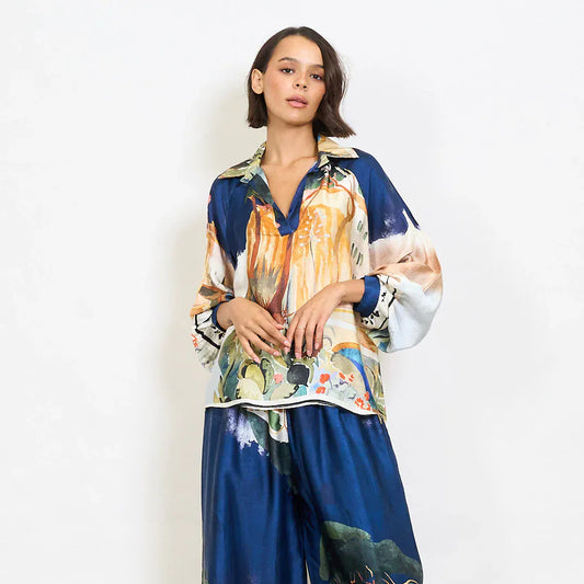 Watercolor landscape print satin shirt with contrast abstract collar - Dark Blue - Pinkhill -  - [] - Darwin boutique - Australian fashion design - Darwin Fashion - Australian Fashion Designer - Australian Fashion Designer Brands - Australian Fashion Design 