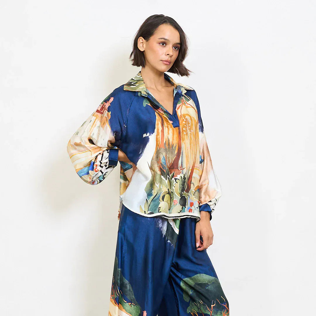 Watercolor landscape print satin shirt with contrast abstract collar - Dark Blue - Pinkhill -  - [] - Darwin boutique - Australian fashion design - Darwin Fashion - Australian Fashion Designer - Australian Fashion Designer Brands - Australian Fashion Design 