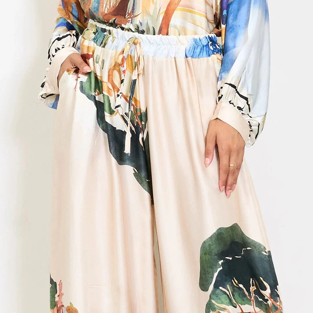 Watercolor landscape print satin wide-leg trousers with drawstring waist - Beige - Pinkhill -  - [] - Darwin boutique - Australian fashion design - Darwin Fashion - Australian Fashion Designer - Australian Fashion Designer Brands - Australian Fashion Design 