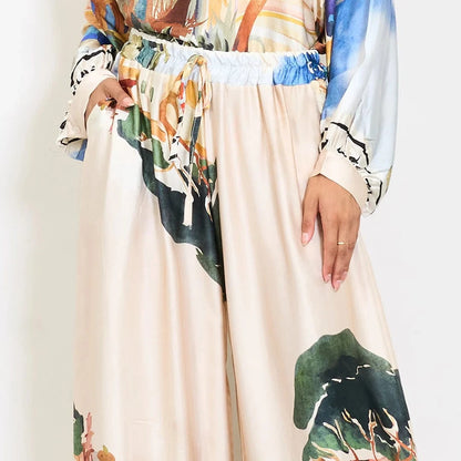 Watercolor landscape print satin wide-leg trousers with drawstring waist - Beige - Pinkhill -  - [] - Darwin boutique - Australian fashion design - Darwin Fashion - Australian Fashion Designer - Australian Fashion Designer Brands - Australian Fashion Design 