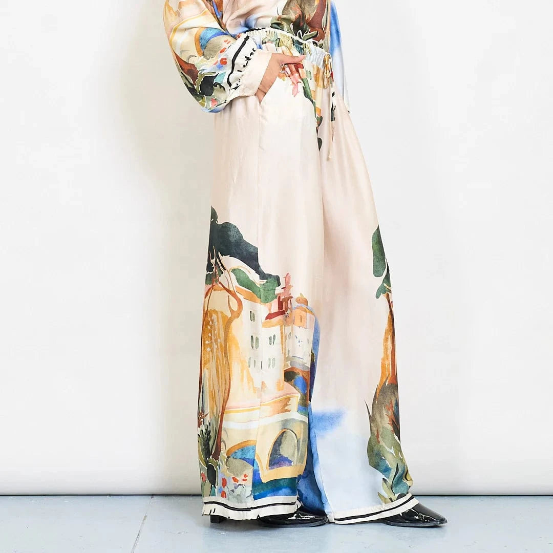 Watercolor landscape print satin wide-leg trousers with drawstring waist - Beige - Pinkhill -  - [] - Darwin boutique - Australian fashion design - Darwin Fashion - Australian Fashion Designer - Australian Fashion Designer Brands - Australian Fashion Design 