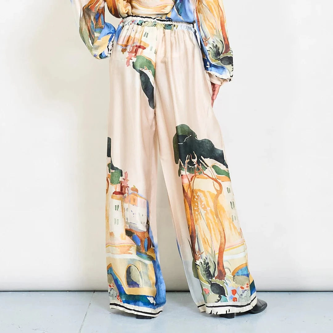 Watercolor landscape print satin wide-leg trousers with drawstring waist - Beige - Pinkhill -  - [] - Darwin boutique - Australian fashion design - Darwin Fashion - Australian Fashion Designer - Australian Fashion Designer Brands - Australian Fashion Design 