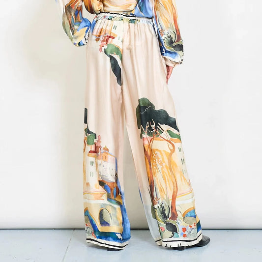 Watercolor landscape print satin wide-leg trousers with drawstring waist - Beige - Pinkhill -  - [] - Darwin boutique - Australian fashion design - Darwin Fashion - Australian Fashion Designer - Australian Fashion Designer Brands - Australian Fashion Design 