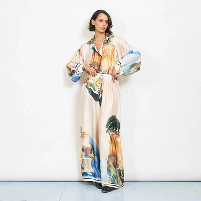 Watercolor landscape print satin wide-leg trousers with drawstring waist - Beige - Pinkhill -  - [] - Darwin boutique - Australian fashion design - Darwin Fashion - Australian Fashion Designer - Australian Fashion Designer Brands - Australian Fashion Design 