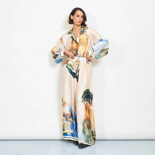 Watercolor landscape print satin wide-leg trousers with drawstring waist - Beige - Pinkhill -  - [] - Darwin boutique - Australian fashion design - Darwin Fashion - Australian Fashion Designer - Australian Fashion Designer Brands - Australian Fashion Design 