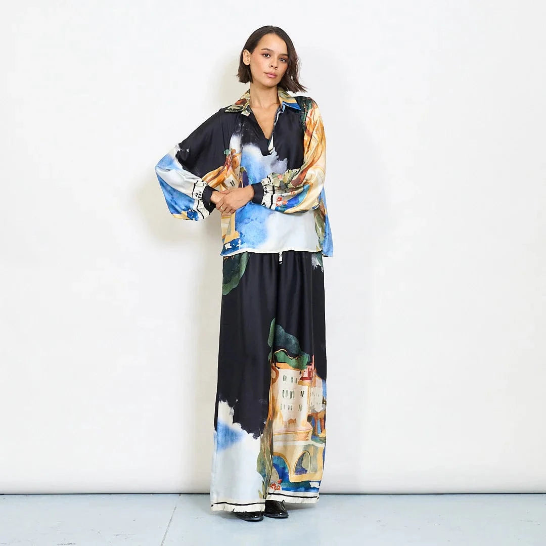 Watercolor landscape print satin wide-leg trousers with drawstring waist - Black - Pinkhill -  - [] - Darwin boutique - Australian fashion design - Darwin Fashion - Australian Fashion Designer - Australian Fashion Designer Brands - Australian Fashion Design 
