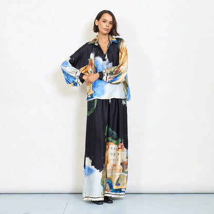 Watercolor landscape print satin wide-leg trousers with drawstring waist - Black - Pinkhill -  - [] - Darwin boutique - Australian fashion design - Darwin Fashion - Australian Fashion Designer - Australian Fashion Designer Brands - Australian Fashion Design 